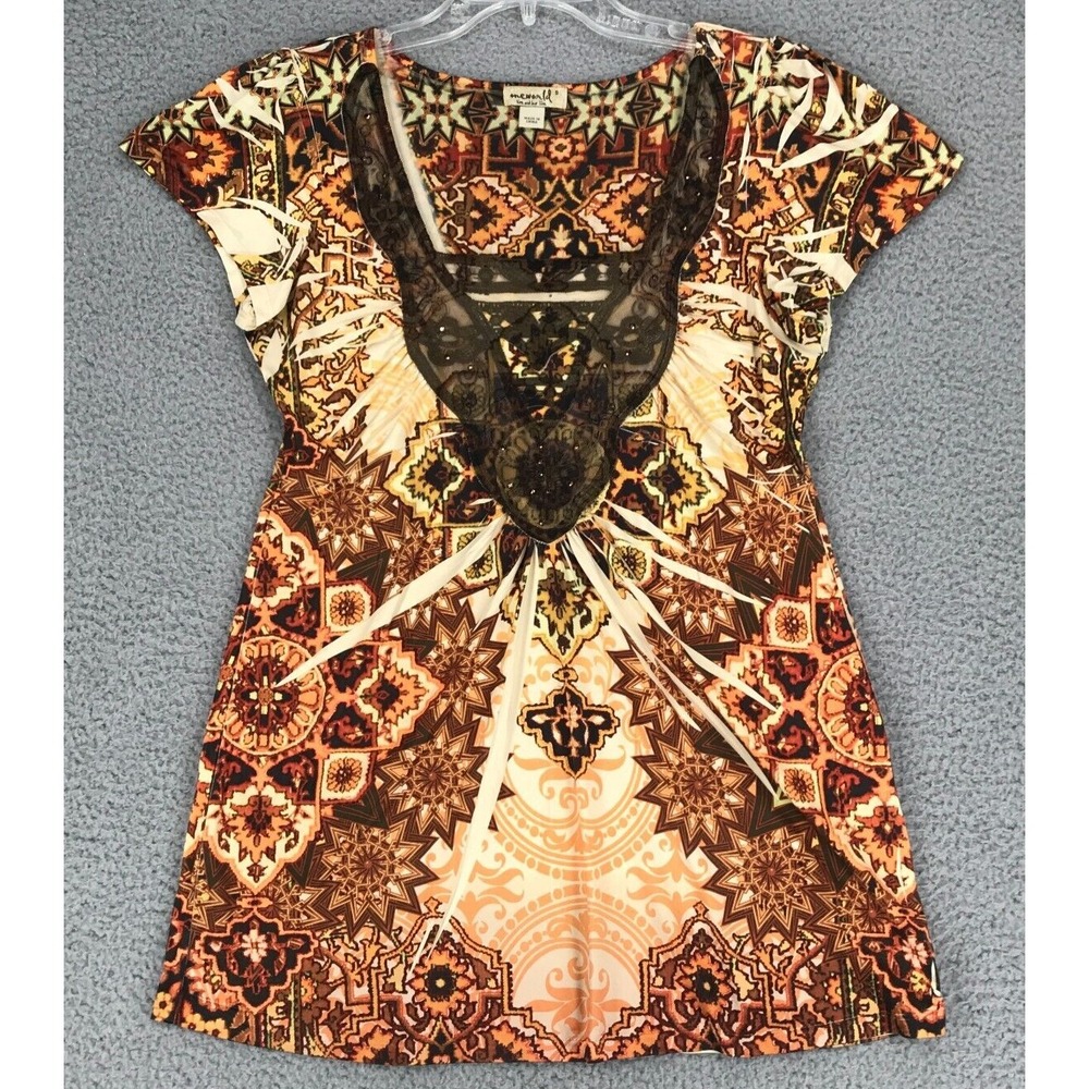 One World Tunic Top Size S Cap Sleeve Lace Accents Boho Brown Geometric